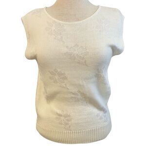 Vintage 80’s 90’s Sweater Vest Knit Tank Top Sleeveless Shirt White Ivory Flower